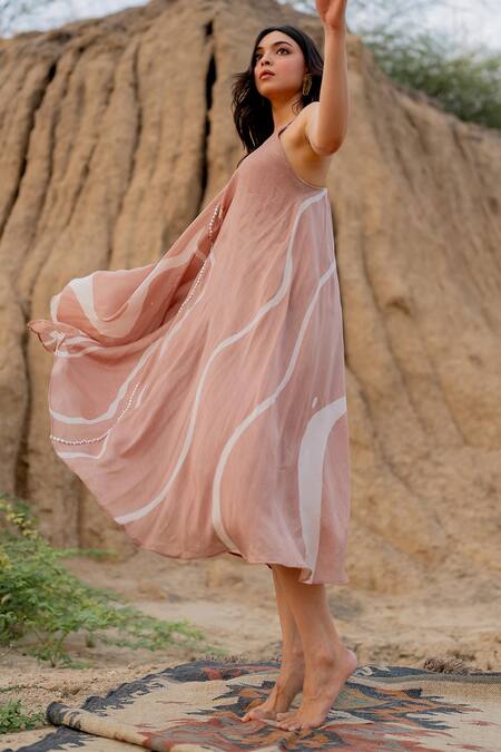 Shop_Nirjara_Pink Cotton, Silk Embroidery V-neck Stroke Hand Painted Dress _Online_at_Aza_Fashions