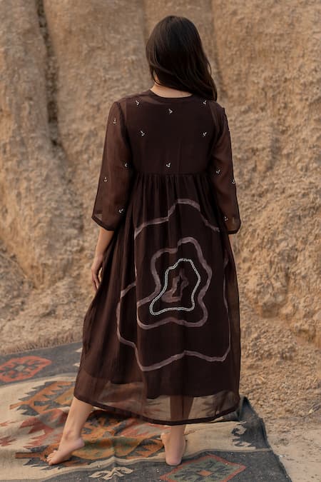 Shop_Nirjara_Brown Chanderi Cotton Embroidery V-neck Arazi Floral Hand Painted Dress _at_Aza_Fashions