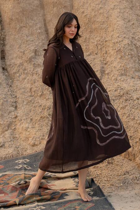 Nirjara_Brown Chanderi Cotton Embroidery V-neck Arazi Floral Hand Painted Dress _Online_at_Aza_Fashions