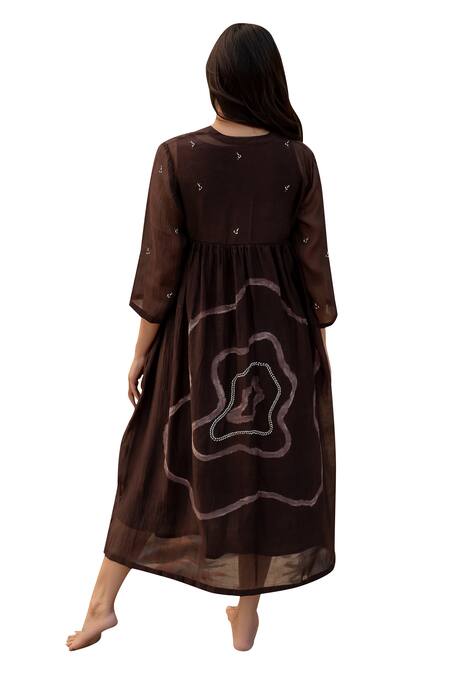 Buy_Nirjara_Brown Chanderi Cotton Embroidery V-neck Arazi Floral Hand Painted Dress _Online_at_Aza_Fashions