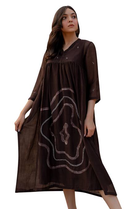 Shop_Nirjara_Brown Chanderi Cotton Embroidery V-neck Arazi Floral Hand Painted Dress _Online_at_Aza_Fashions
