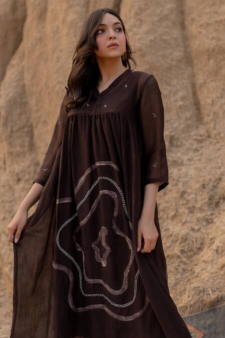 Nirjara_Brown Chanderi Cotton Embroidery V-neck Arazi Floral Hand Painted Dress _at_Aza_Fashions