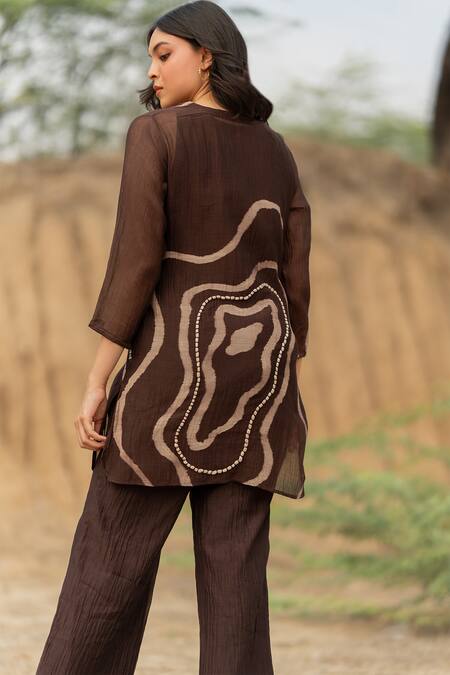 Shop Nirjara Brown Chanderi Cotton Embroidery Arsa Floral Hand Painted Kurta And Pant Set at Aza Fashions Shop_Nirjara_Brown Chanderi Cotton Embroidery Arsa Floral Hand Painted Kurta And Pant Set_at_Aza_Fashions