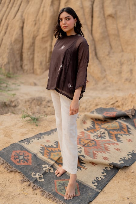 Shop Nirjara Brown Chanderi Cotton Embroidery, Beads Round Floral Hand Painted Kalidar Top at Aza Fashions Shop_Nirjara_Brown Chanderi Cotton Embroidery, Beads Round Floral Hand Painted Kalidar Top _at_Aza_Fashions
