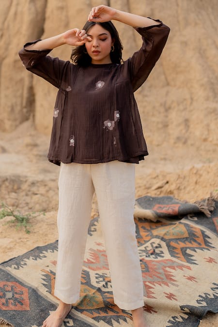 Shop Nirjara Brown Chanderi Cotton Embroidery, Beads Round Floral Hand Painted Kalidar Top Online at Aza Fashions Shop_Nirjara_Brown Chanderi Cotton Embroidery, Beads Round Floral Hand Painted Kalidar Top _Online_at_Aza_Fashions