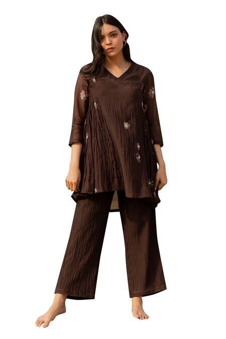 Nirjara_Brown Chanderi Cotton Embroidery, Beads Nara Floral Pattern Kurta And Pant Set _Online_at_Aza_Fashions