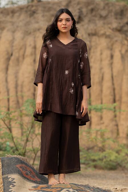 Buy_Nirjara_Brown Chanderi Cotton Embroidery, Beads Nara Floral Pattern Kurta And Pant Set _Online_at_Aza_Fashions
