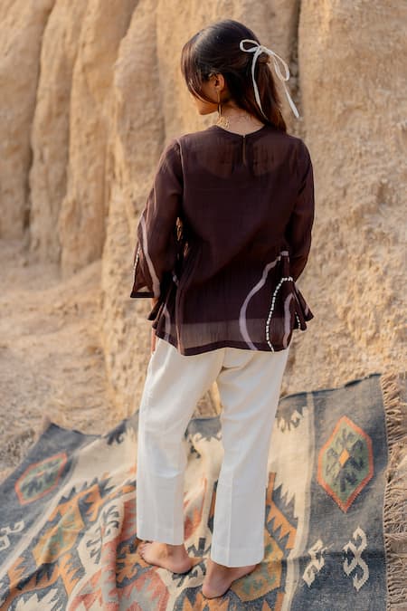 Shop_Nirjara_Brown Chanderi Cotton Embroidery Round Neck Zarya Line Hand Painted Top _at_Aza_Fashions