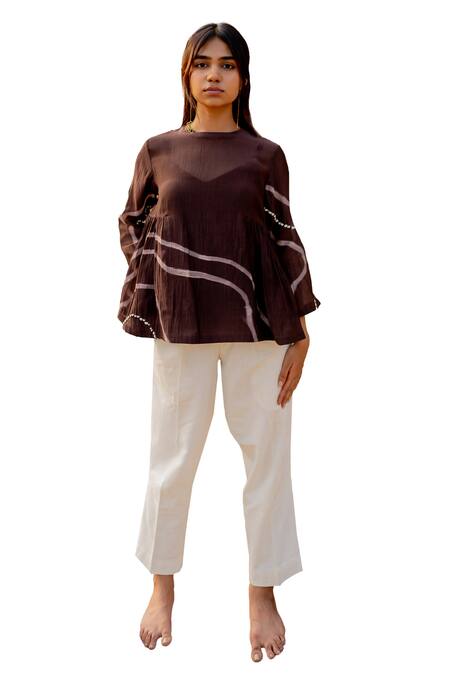 Buy_Nirjara_Brown Chanderi Cotton Embroidery Round Neck Zarya Line Hand Painted Top _Online_at_Aza_Fashions