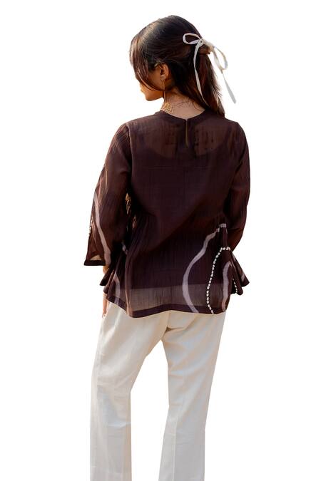Shop_Nirjara_Brown Chanderi Cotton Embroidery Round Neck Zarya Line Hand Painted Top _Online_at_Aza_Fashions