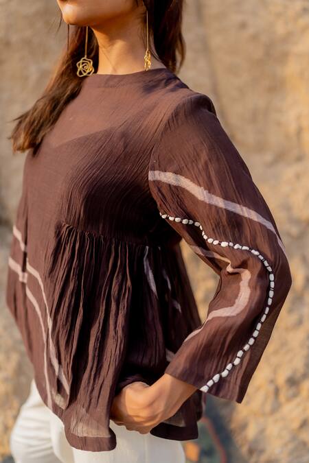 Nirjara_Brown Chanderi Cotton Embroidery Round Neck Zarya Line Hand Painted Top _at_Aza_Fashions