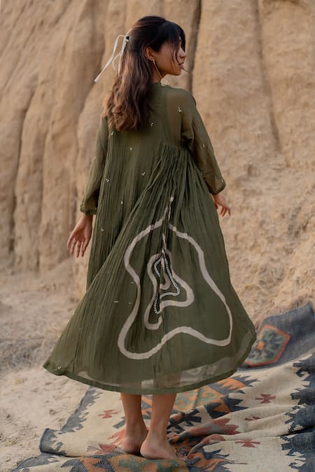 Shop_Nirjara_Green Chanderi Cotton Embroidery Round Neck Arazi Stroke Hand Painted Dress _at_Aza_Fashions