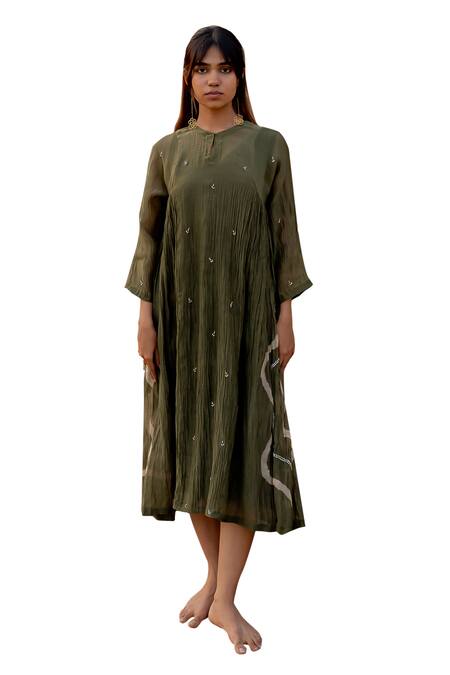 Buy_Nirjara_Green Chanderi Cotton Embroidery Round Neck Arazi Stroke Hand Painted Dress _Online_at_Aza_Fashions