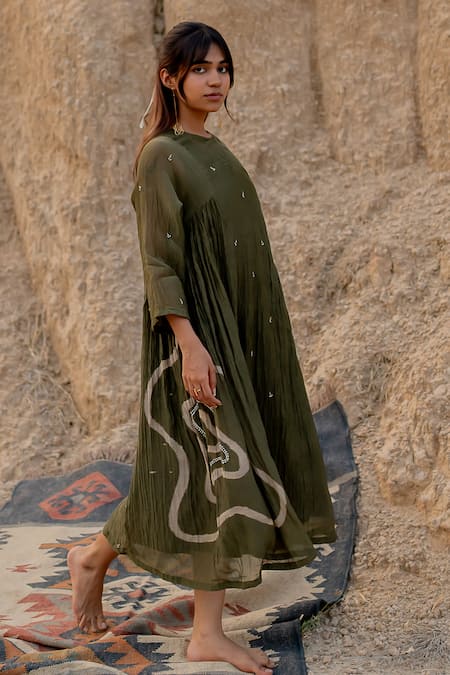 Shop_Nirjara_Green Chanderi Cotton Embroidery Round Neck Arazi Stroke Hand Painted Dress _Online_at_Aza_Fashions