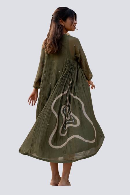 Buy_Nirjara_Green Chanderi Cotton Embroidery Round Neck Arazi Stroke Hand Painted Dress 