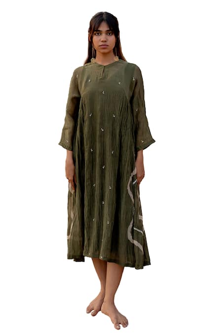 Buy Nirjara Green Chanderi Cotton Embroidery Keyhole Neck Ruzgar Resham Dress Online at Aza Fashions Buy_Nirjara_Green Chanderi Cotton Embroidery Keyhole Neck Ruzgar Resham Dress _Online_at_Aza_Fashions