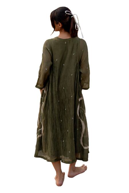 Shop Nirjara Green Chanderi Cotton Embroidery Keyhole Neck Ruzgar Resham Dress Online at Aza Fashions Shop_Nirjara_Green Chanderi Cotton Embroidery Keyhole Neck Ruzgar Resham Dress _Online_at_Aza_Fashions