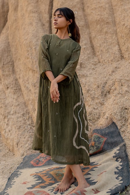 Nirjara Green Chanderi Cotton Embroidery Keyhole Neck Ruzgar Resham Dress at Aza Fashions Nirjara_Green Chanderi Cotton Embroidery Keyhole Neck Ruzgar Resham Dress _at_Aza_Fashions