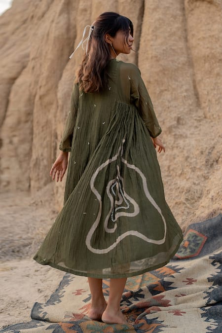 Buy Nirjara Green Chanderi Cotton Embroidery Keyhole Neck Ruzgar Resham Dress Buy_Nirjara_Green Chanderi Cotton Embroidery Keyhole Neck Ruzgar Resham Dress