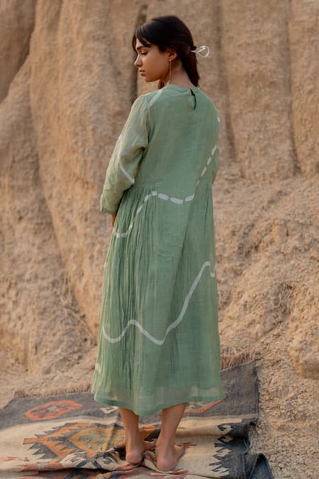 Shop_Nirjara_Green Chanderi Cotton Round Neck Kara Line Hand Painted Dress _at_Aza_Fashions