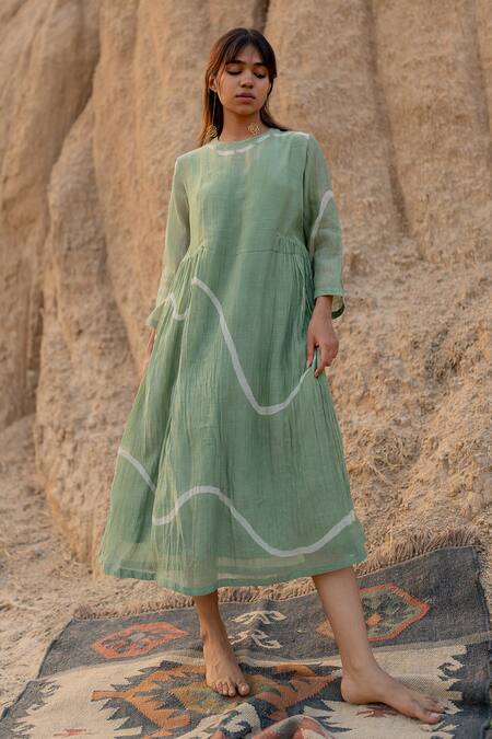 Buy_Nirjara_Green Chanderi Cotton Round Neck Kara Line Hand Painted Dress _Online_at_Aza_Fashions