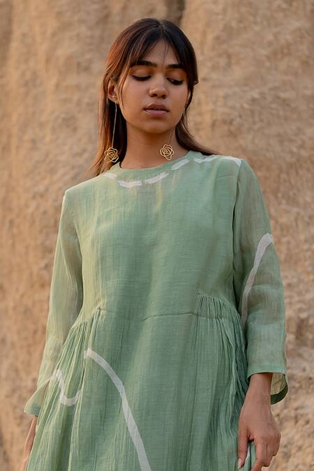 Shop_Nirjara_Green Chanderi Cotton Round Neck Kara Line Hand Painted Dress _Online_at_Aza_Fashions
