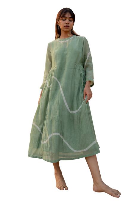 Nirjara_Green Chanderi Cotton Round Neck Kara Line Hand Painted Dress _at_Aza_Fashions
