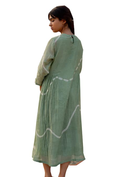 Shop_Nirjara_Green Chanderi Cotton Round Neck Kara Line Hand Painted Dress 