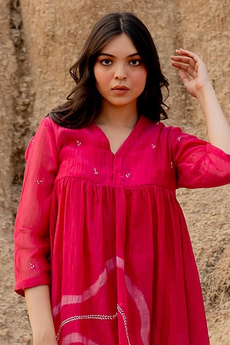 Buy_Nirjara_Pink Chanderi Cotton Embroidery V-neck Arazi Stroke Hand Painted Dress _Online_at_Aza_Fashions
