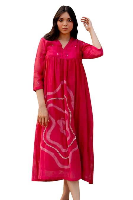 Shop_Nirjara_Pink Chanderi Cotton Embroidery V-neck Arazi Stroke Hand Painted Dress _Online_at_Aza_Fashions