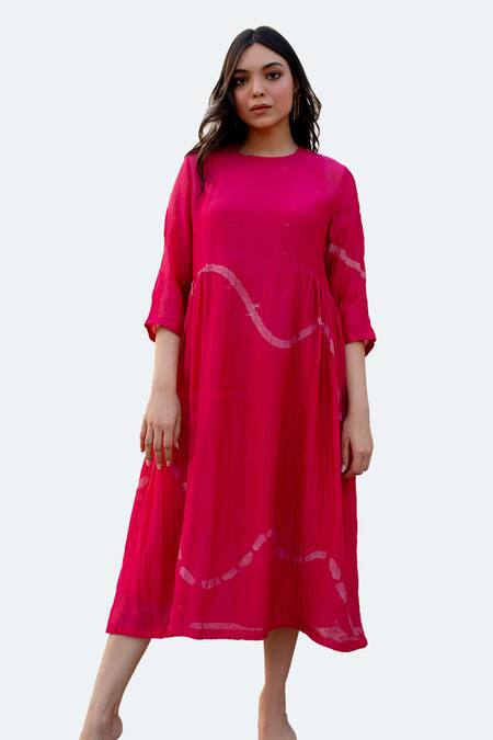 Buy_Nirjara_Pink Chanderi Cotton Round Neck Kara Line Hand Painted Dress _Online_at_Aza_Fashions