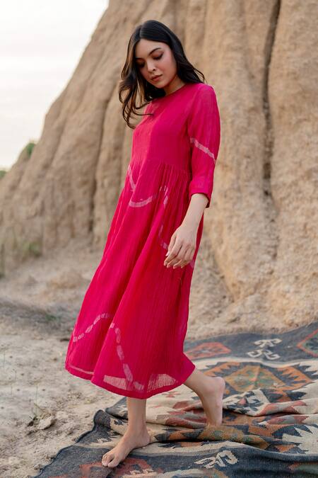 Shop_Nirjara_Pink Chanderi Cotton Round Neck Kara Line Hand Painted Dress _Online_at_Aza_Fashions