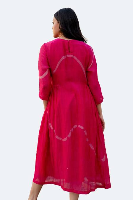 Nirjara_Pink Chanderi Cotton Round Neck Kara Line Hand Painted Dress _at_Aza_Fashions