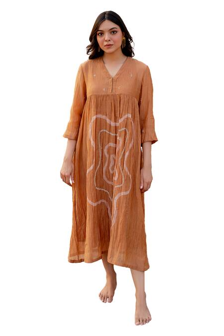 Nirjara Brown Chanderi Cotton Embroidery V-neck Arazi Strokes Hand Painted Dress Online at Aza Fashions Nirjara_Brown Chanderi Cotton Embroidery V-neck Arazi Strokes Hand Painted Dress _Online_at_Aza_Fashions