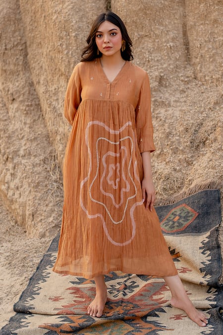 Buy Nirjara Brown Chanderi Cotton Embroidery V-neck Arazi Strokes Hand Painted Dress Online at Aza Fashions Buy_Nirjara_Brown Chanderi Cotton Embroidery V-neck Arazi Strokes Hand Painted Dress _Online_at_Aza_Fashions