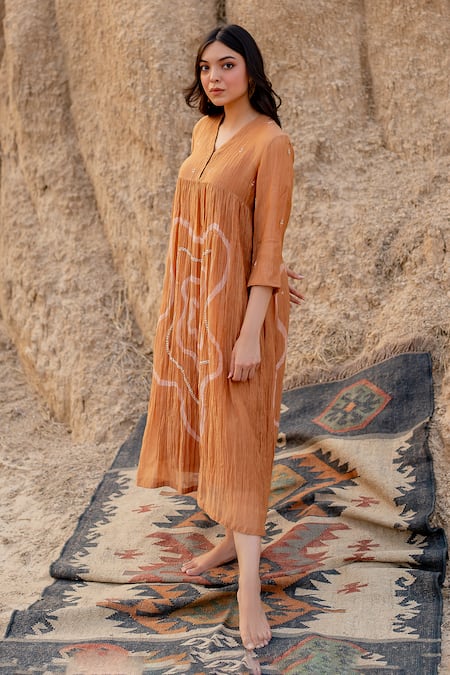 Shop Nirjara Brown Chanderi Cotton Embroidery V-neck Arazi Strokes Hand Painted Dress Online at Aza Fashions Shop_Nirjara_Brown Chanderi Cotton Embroidery V-neck Arazi Strokes Hand Painted Dress _Online_at_Aza_Fashions