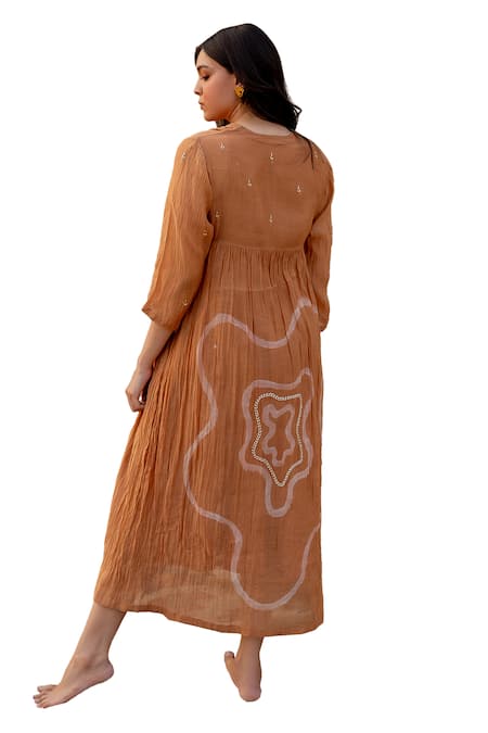 Nirjara Brown Chanderi Cotton Embroidery V-neck Arazi Strokes Hand Painted Dress at Aza Fashions Nirjara_Brown Chanderi Cotton Embroidery V-neck Arazi Strokes Hand Painted Dress _at_Aza_Fashions