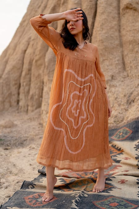 Shop Nirjara Brown Chanderi Cotton Embroidery V-neck Arazi Strokes Hand Painted Dress Shop_Nirjara_Brown Chanderi Cotton Embroidery V-neck Arazi Strokes Hand Painted Dress