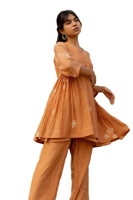 Shop_Nirjara_Brown Chanderi Cotton Embroidery, Beads Nara Floral Pattern Kurta And Pant Set _Online_at_Aza_Fashions