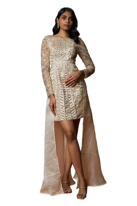 Mehak Murpana_Ivory Organza, Satin Cut Work, Sequins, Embroidered Dress With Detachable Trail _Online_at_Aza_Fashions