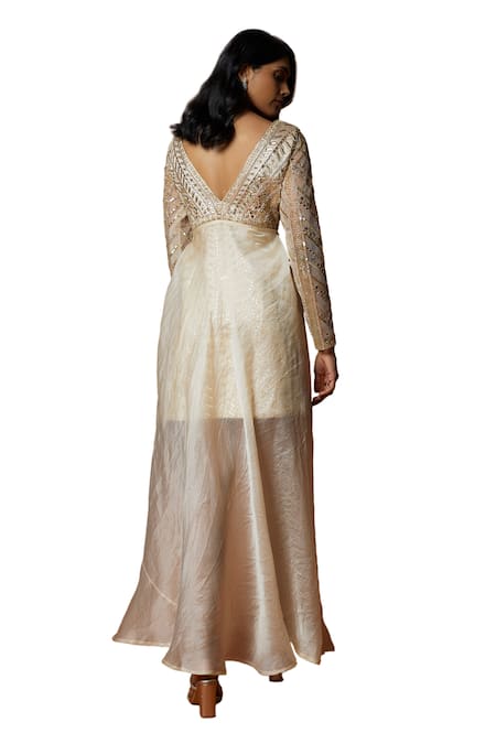 Buy_Mehak Murpana_Ivory Organza, Satin Cut Work, Sequins, Embroidered Dress With Detachable Trail _Online_at_Aza_Fashions