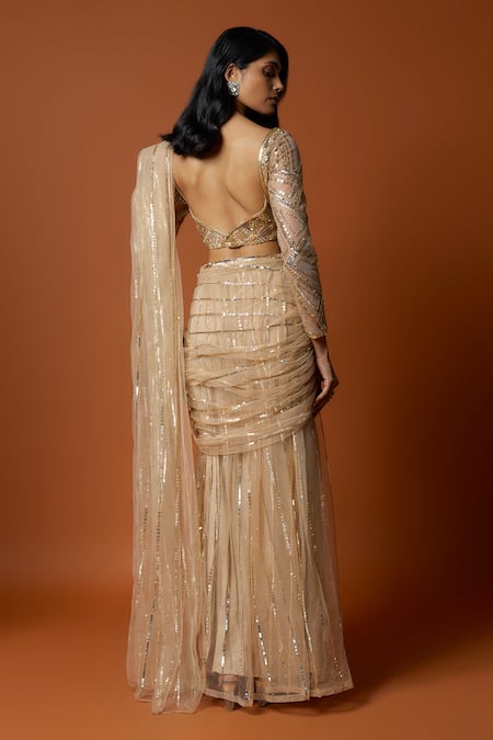 Mehak Murpana Gold Net Sequins Sweetheart Neck Embroidered Pre-draped Saree With Blouse Online at Aza Fashions Mehak Murpana_Gold Net Sequins Sweetheart Neck Embroidered Pre-draped Saree With Blouse _Online_at_Aza_Fashions