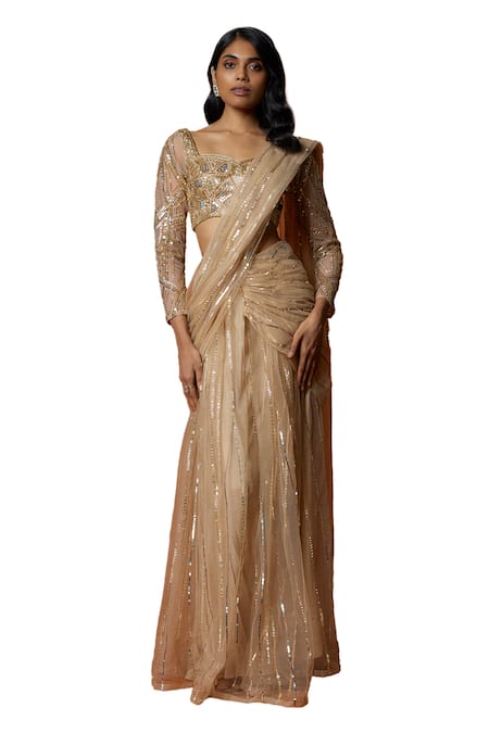 Buy Mehak Murpana Gold Net Sequins Sweetheart Neck Embroidered Pre-draped Saree With Blouse Online at Aza Fashions Buy_Mehak Murpana_Gold Net Sequins Sweetheart Neck Embroidered Pre-draped Saree With Blouse _Online_at_Aza_Fashions