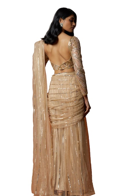 Shop Mehak Murpana Gold Net Sequins Sweetheart Neck Embroidered Pre-draped Saree With Blouse Online at Aza Fashions Shop_Mehak Murpana_Gold Net Sequins Sweetheart Neck Embroidered Pre-draped Saree With Blouse _Online_at_Aza_Fashions
