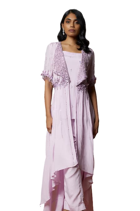 Mehak Murpana_Purple Crepe Sequins, Embroidery Square Neck Floral Jacket Pant Set _Online_at_Aza_Fashions