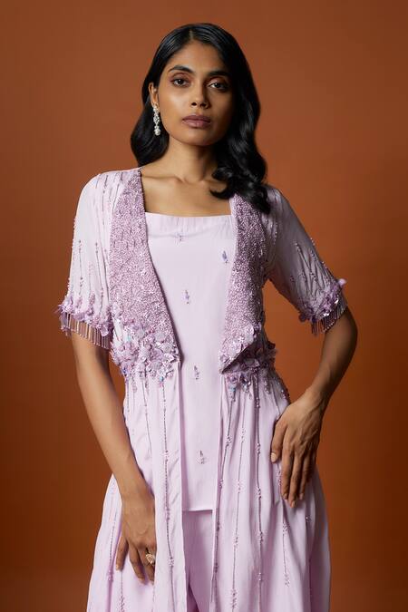 Mehak Murpana_Purple Crepe Sequins, Embroidery Square Neck Floral Jacket Pant Set _at_Aza_Fashions