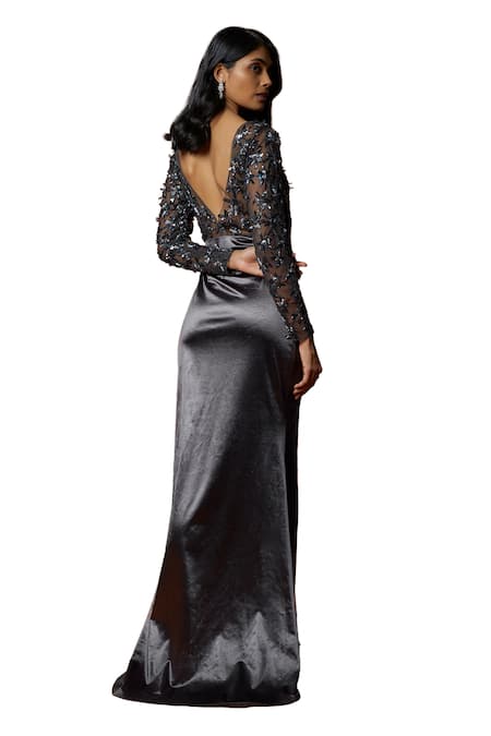 Buy_Mehak Murpana_Grey Stretch Satin Embroidered Floral V Neck Gown _Online_at_Aza_Fashions