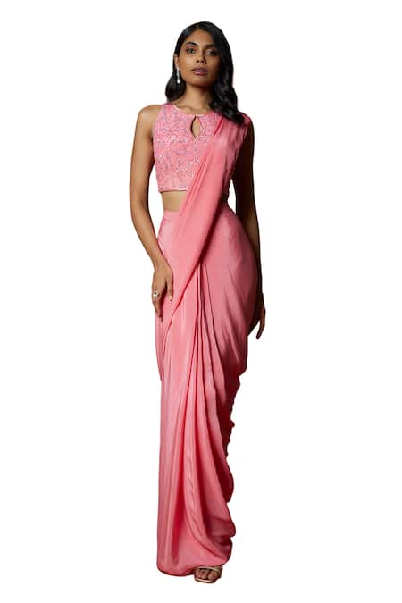 Mehak Murpana Pink Crepe, Linen Sequins Round Neck Pre-draped Saree With Embroidered Blouse Online at Aza Fashions Mehak Murpana_Pink Crepe, Linen Sequins Round Neck Pre-draped Saree With Embroidered Blouse _Online_at_Aza_Fashions