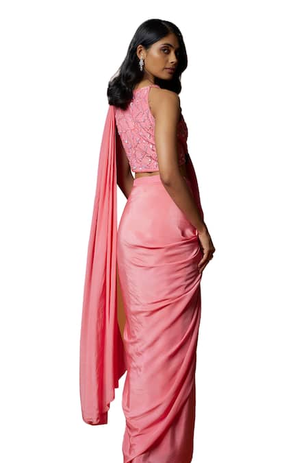 Buy Mehak Murpana Pink Crepe, Linen Sequins Round Neck Pre-draped Saree With Embroidered Blouse Online at Aza Fashions Buy_Mehak Murpana_Pink Crepe, Linen Sequins Round Neck Pre-draped Saree With Embroidered Blouse _Online_at_Aza_Fashions