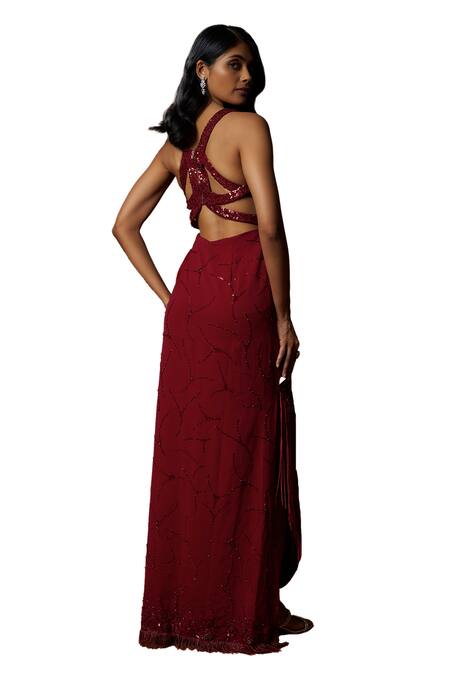 Buy_Mehak Murpana_Red Sequins Round Neck Embroidered Gown _Online_at_Aza_Fashions
